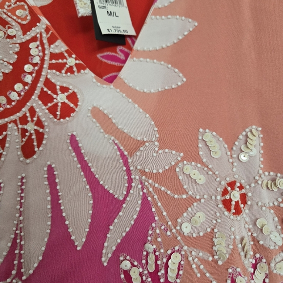 Josie Natori Mantilla Scroll Sequinned Floral Dress Orange Pink Size M/L - Picture 6 of 11